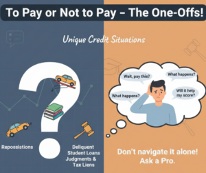 A split image with "To Pay or Not to Pay" theme. Left: Icons of a car, money, and a gavel with words like "Repossessions." Right: Confused man with speech bubbles.