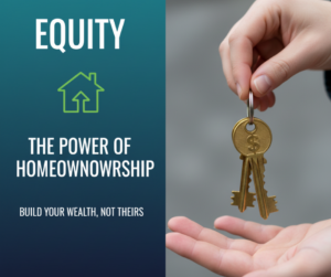Split image: Left side has teal background with text "Equity: The Power of Homeownership. Build Your Wealth, Not Theirs." Right side shows hand holding keyring with keys.