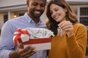 A joyful couple stands outside a house, holding a gift box filled with cash and a set of keys, symbolizing a new home purchase or financial gift.