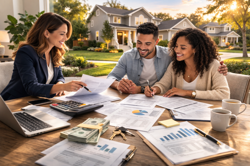 A smiling couple reviews financial documents with a businesswoman at a table. They are outdoors, with suburban houses in the background. The scene conveys happiness and collaboration.
